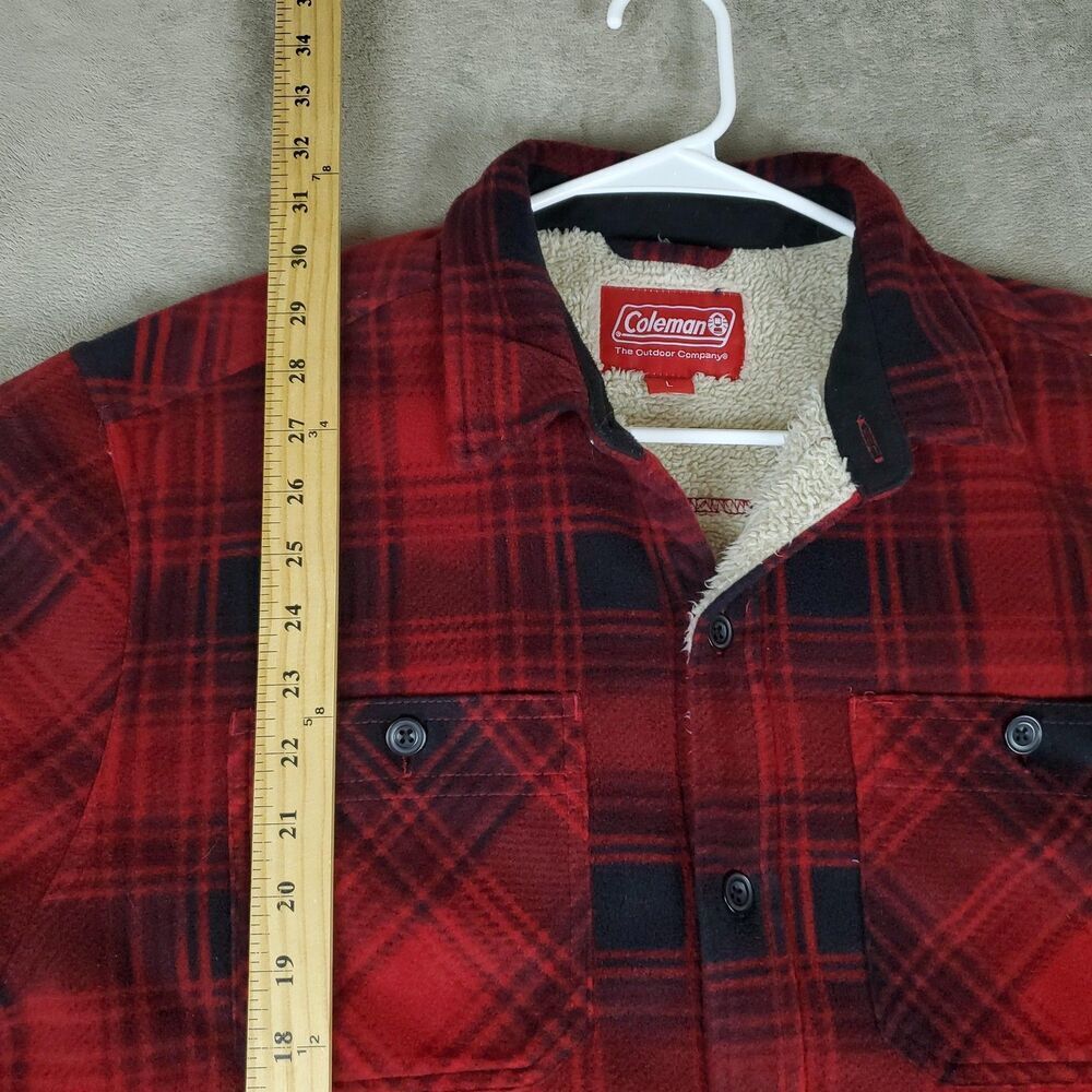 Coleman Sherpa Lined Fleece Jacket Shirt Mens Large Red Plaid Button Up Outdoor - Picture 6 of 11